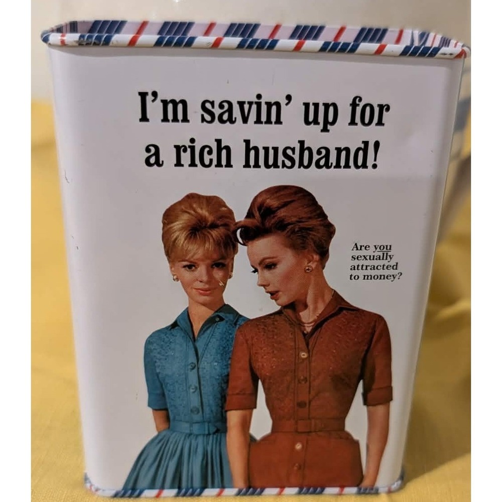 Vintage Retro Tin Coin Bank, Funny RICH HUSBAND 2009 Blue Q, Vintage 50's Look.